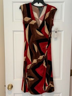 NWT Lauren Ralph Lauren Geo-Print Cap Sleeve Dress in Red and Brown